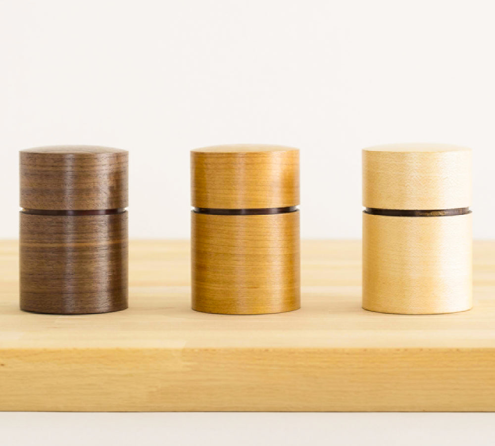 Handmade handcrafted sakura cherry wood canisters for Japanese tea storage in three tones