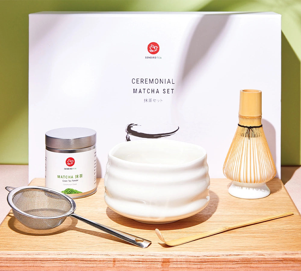 Ceremonial Matcha set with bowl, whisk, scoop, and sifter for Japanese green tea