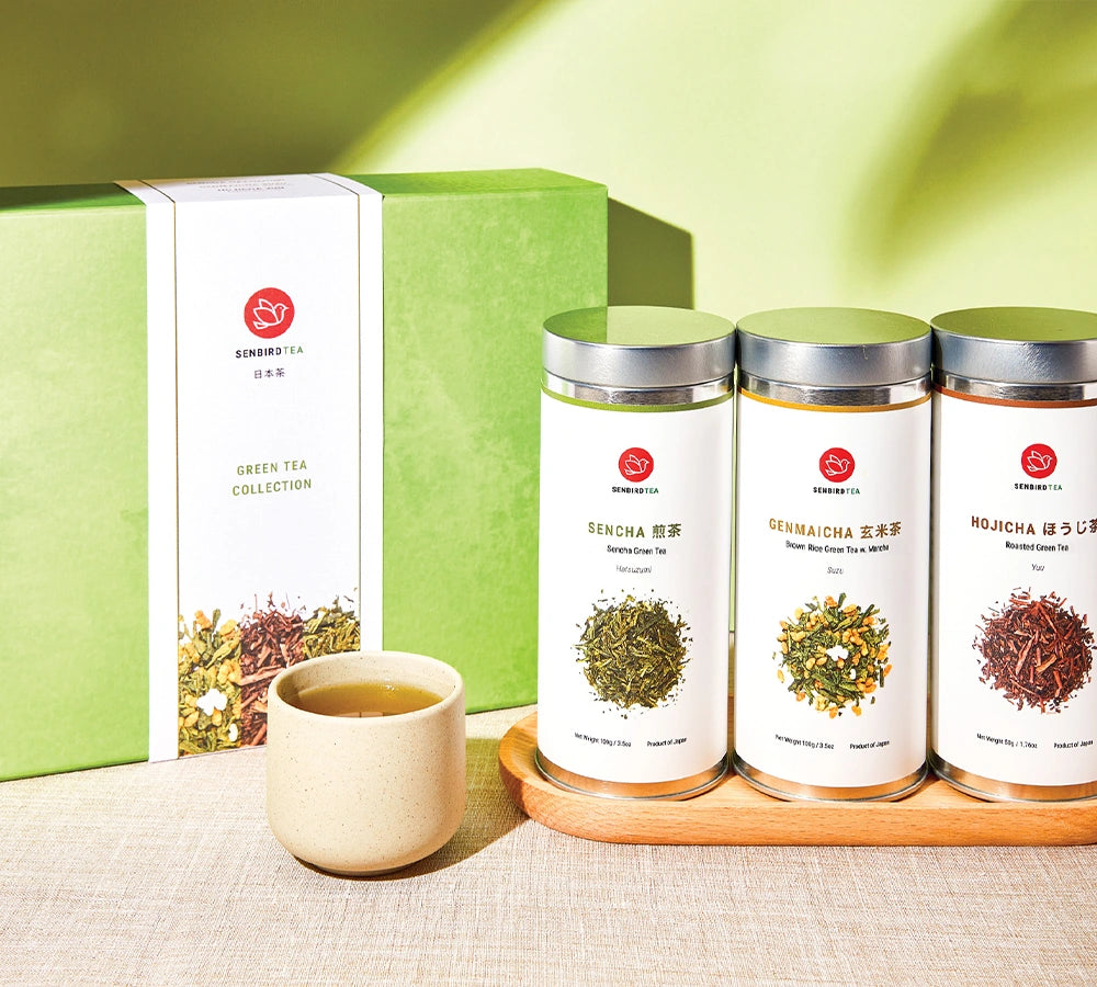 Japanese green tea gift collection with Sencha, Genmaicha brown rice, and Hojicha roasted green tea tins