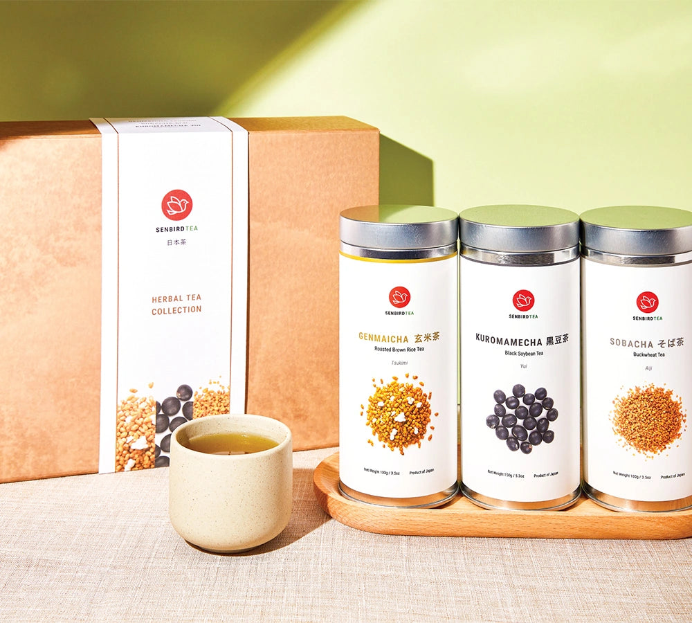 Herbal caffeine-free gift set with Sobacha buckwheat, Kuromamecha black soybean, and Genmaicha brown rice Japanese green tea and herbal tea tins