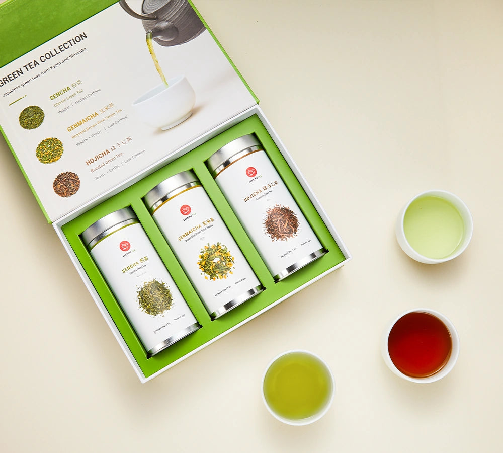 Open Green Tea Collection Japanese tea gift box set with Sencha, Genmaicha, Hojicha tins