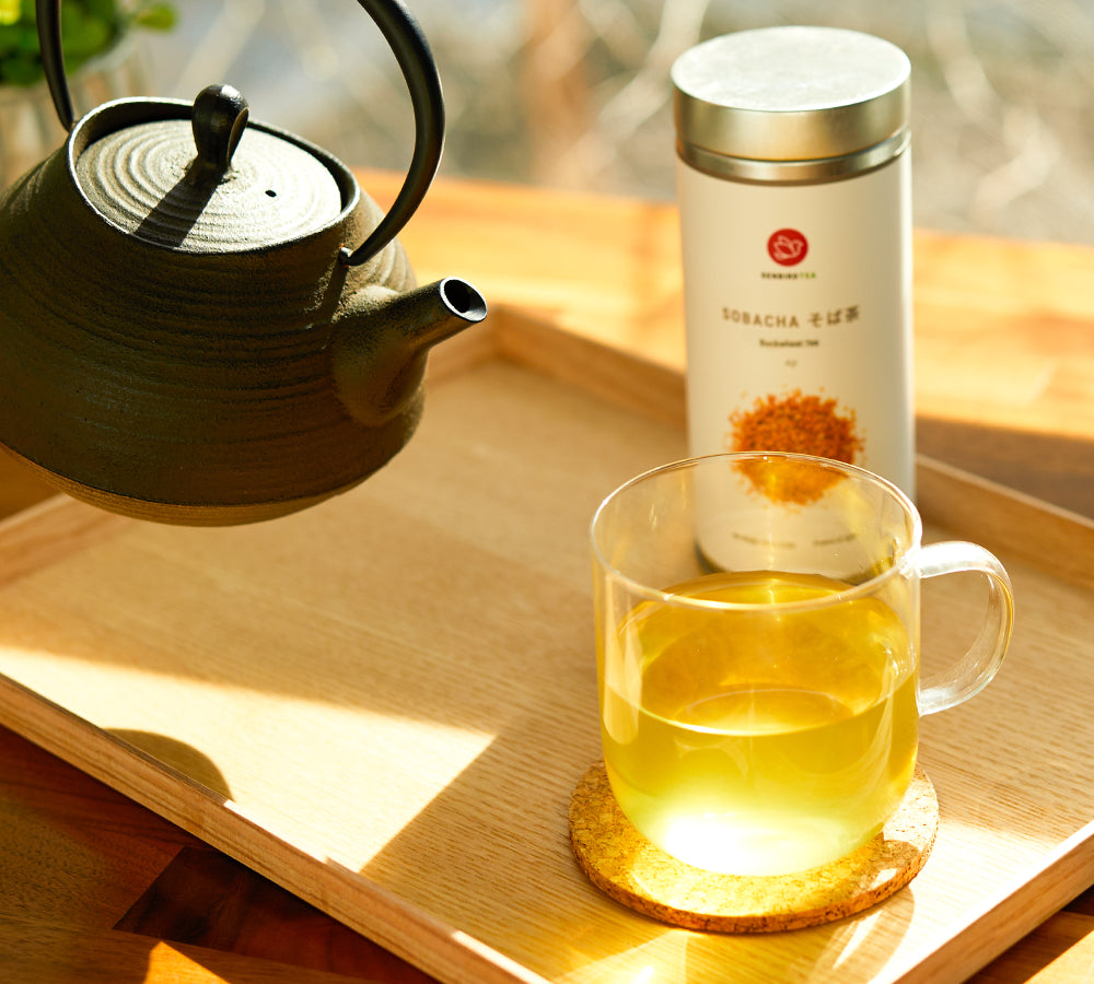 Black tetsubin with Sobacha tin and golden Japanese herbal tea