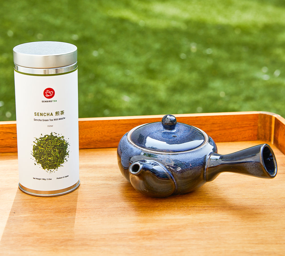 Blue kyusu teapot with Sencha tin for Japanese green tea brewing